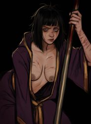 1girls bags_under_eyes black_background black_hair breast_out fallout fallout_1 krautvan krautvan leaning_forward lips medium_breasts messy purple_robe robe scar scar_on_arms scar_on_breasts scar_on_lip simple_background