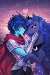 ai_generated blue_skin deltarune human kris_(deltarune) my_little_pony pony princess_luna_(mlp) red_cape ship slayer777 tagme weird_crossover