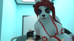 3d_(artwork) anthro bear becoming_erect big_breasts blizzard_entertainment breasts clothed clothed_anthro clothed_female clothing curvy_anthro curvy_figure digital_media_(artwork) dress duo eye_contact female first_person_view genitals giant_panda hair headgear headwear heterochromia hi_res human latex latex_clothing latex_dress looking_at_another looking_at_viewer male male/female mammal masturbation nurse nurse_clothing nurse_headwear nurse_uniform pandaren penis red_hair touching_penis uniform warcraft wide_hips xelli