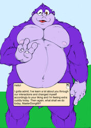 2021 4_fingers anthro ape barely_visible_genitalia belly bonzi_buddy computer_program_(species) digital_organism_(species) english_text fingers genitals gorilla greeting haplorhine hi_res hopelesshighschool humanoid_hands male mammal moobs navel nipples overweight overweight_male primate purple_body simple_background solo text