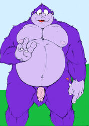 2021 4_fingers anthro ape balls belly bodily_fluids bonzi_buddy computer_program_(species) digital_organism_(species) fingers genitals gorilla haplorhine hi_res hopelesshighschool humanoid_genitalia humanoid_hands humanoid_penis male mammal moobs navel nipples overweight overweight_male penis primate purple_body simple_background solo sweat