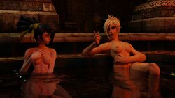 2girls 3d 3d_(artwork) akali bathroom black_hair blender breasts female league_of_legends nipples nude riot_games riven steam_buns video_games white_hair