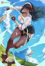 1girls araneesama black_hair black_skirt breasts clouds earrings fingerless_gloves garter_straps gloves grass ground_shatter hairband high_heels large_breasts long_hair milf office_lady outside pencil_skirt red_eyes ring shirt skirt sky spy_x_family thighhighs white_shirt wristwatch yor_briar yor_forger