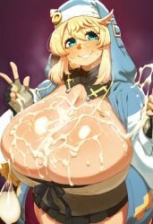 ai_generated alternate alternate_breast_size bridget cleavage cum_on_body cum_on_breasts excessive_cum green_eyes guilty_gear guilty_gear_strive huge_breasts