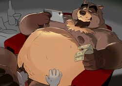 2021 anthro belly brown_body canid canine cellphone duo genitals humanoid_hands kemono male mammal mature_male money moobs motogen nipples oral overweight overweight_male penis phone prostitution raccoon_dog sex sitting smartphone solo_focus tanuki ursid