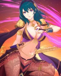 1girls absurd_res big_breasts blue_eyes byleth_(fire_emblem) byleth_(fire_emblem)_(female) byleth_(jehanna)_(fire_emblem_(female) cleavage dagger fire_emblem fire_emblem:_three_houses fire_emblem_heroes high_res holding holding_knife holding_weapon knife medium_hair navel nintendo official_alternate_costume pantyhose truejekart weapon