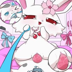 1:1 ageam_(sylvtasticalsylveon) anthro balls bed blue_eyes blush bodily_fluids closet collar collar_only digital_media_(artwork) dominant dominant_female duo erection female female_on_top female_penetrated flower fur furniture genital_fluids genitals godforgiveme4 hi_res jewelpet lagomorph leash leporid male male/female mammal nintendo nintendo_switch_2 nude on_bed on_top penetration penis plant rabbit red_eyes ruby_(jewelpet) sanrio sega_fave sex vaginal_penetration vulva
