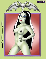 1girls black_hair black_nails breasts eyeshadow lily_munster lipstick long_hair multicolored_hair nipples pale_skin pubic_hair pussy the_munsters toonytease white_hair