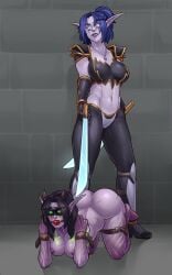 armor ball_gag blindfold blue_eyes blue_hair cuts demon_hunter demon_hunter_(warcraft) elf female femdom melwinne naked night_elf night_elf_death_knight piddlefours sword world_of_warcraft