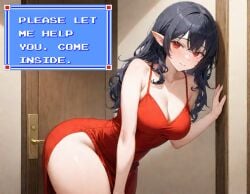 ai_generated black_hair caption elf elf_ears elf_female healer_(the_adventure_of_link) red_dress red_eyes thick_thighs zelda_ii:_the_adventure_of_link