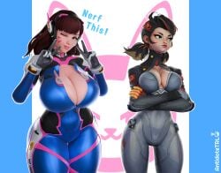 2girls 3d 3d_(artwork) antidotetrl big_breasts clothed crossed_arms d.va female female_only huge_breasts marvel_rivals overwatch peni_parker peni_parker_(marvel_rivals) pouting self_upload tight_clothing voluptuous_female