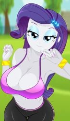 1girls armpits big_breasts bracelet breasts cleavage diamondheart21 equestria_girls female female_only friendship_is_magic hasbro hi_res highres large_breasts looking_at_viewer my_little_pony nail_polish navel outdoors pink_nail_polish rarity_(eg) rarity_(mlp) smile solo solo_female sports_bra wide_hips yoga_pants