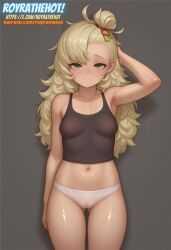 1girls ai_generated armpits blonde_hair cameltoe female green_eyes hair_ornament long_hair midriff panties piper_wheel royrathehot see-through see-through_clothing see-through_panties sleepy sweat tank_top watermark zenless_zone_zero