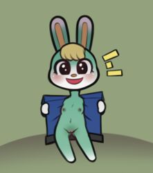 animal_crossing anthro black_eyes blonde_hair clothing conditional_dnp cuntboy digital_media_(artwork) eyelashes female flashing fur genitals green_body green_fur hair hi_res intersex jacket lagomorph leporid looking_at_viewer mammal nintendo open_mouth pussy rabbit rule_63 sasha_(animal_crossing) simple_background smile solo the_character_is_better_this_way thehenwithatie topwear video_games