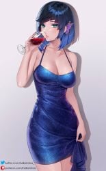 1girls alcohol black_hair blue_dress blue_hair breasts butterfly_hair_ornament dress eyeshadow genshin_impact green_eyes helloimtea holding_wine_glass large_breasts looking_at_viewer makeup mole mole_on_breast multicolored_hair painted_fingernails red_wine short_hair wine wine_glass yelan_(genshin_impact)