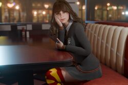 3d blender brown_hair emma_watson enigmaj female_focus female_only hand_on_face harry_potter hermione_granger light-skinned_female looking_at_viewer non_nude sitting skirt solo_female sweater thighhighs tie