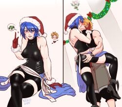 1boy 1girls aqua_(kingdom_hearts) ass_grab blonde_hair blue_hair christmas christmas_outfit mistletoe nekokat42 nipples_visible_through_clothing spats ventus