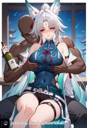 1girls ai_generated dark-skinned_male degenbrecher feixiao_(honkai:_star_rail) grabbing_breasts grabbing_from_behind honkai:_star_rail large_breasts molestation patreon patreon_username subscribestar subscribestar_username