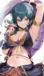 1girls armlet armpits black_hairband byleth_(fire_emblem) byleth_(fire_emblem)_(female) byleth_(jehanna)_(fire_emblem_(female) cleavage closed_mouth fire_emblem fire_emblem:_three_houses fire_emblem_heroes hair_between_eyes hairband haru_(nakajou-28) highres holding holding_knife holding_weapon jewelry knife large_breasts long_hair looking_at_viewer midriff navel nintendo official_alternate_costume purple_eyes simple_background smile solo stomach teal_hair weapon white_background