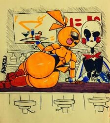 bartender big_ass big_butt chica_(fnaf) dyablou five_nights_at_freddy's puppet_(fnaf) traditional_art traditional_media_(artwork) yellow_body