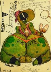 big_ass big_butt dinosaur dyablou femboy green_body spanish_text traditional_art traditional_media_(artwork)