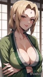 1lifepoint ai_generated arms_under_breasts blonde_hair brown_eyes busty cleavage crossed_arms highres huge_breasts looking_at_viewer mature_female milf naruto naruto_(series) robe tsunade