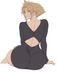 1femboy ai_assisted ai_generated ass back back_view big_ass big_butt black_dress blonde_hair bratinni cloud_strife dress femboy final_fantasy from_behind looking_at_viewer looking_back otoko_no_ko parted_lips simple_background sitting solo thick_thighs thighs