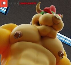 1boy abs artist_name artist_signature bowser camseven gay gay_male koopa locker_room looking_at_viewer male male_only mario_(series) muscular muscular_anthro muscular_male nintendo nipple_piercing nipples pec_pov_meme pecs pectorals video_games worm's-eye_view yellow_body