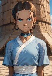 ai_generated avatar_legends avatar_the_last_airbender black_hair blue_eyes dark_skin female highres jewelry katara looking_at_viewer necklace nickelodeon nicktoons smirk