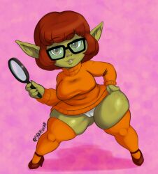 artist_signature brown_eyes brown_hair cameltoe chubby freckles glasses goblin goblin_female heels lips magnifying_glass panties short_hair short_stack shortstack skindentation squishcap_(artist) sweater thick_thighs thighhighs thighs turtleneck turtleneck_sweater velma_dinkley white_panties wide_hips