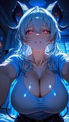 ai_generated cleavage horns large_breasts red_eyes shirt white_hair wuthering_waves zani_(wuthering_waves)