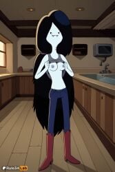 1girls adventure_time ai_generated bite_mark black_hair boots breasts cartoon_network clothes_lift colored_skin denim full_body hi_res indoors jeans knee_boots long_hair looking_at_viewer marceline marceline_abadeer marceline_the_vampire_queen medium_breasts navel nipples pants red_footwear rule34lab shirt_lift sink small_breasts solo standing tank_top very_long_hair warner_bros warner_brothers window