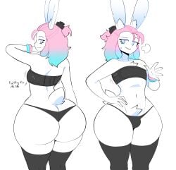 animal_ears animal_tail binder_(clothing) bulge busty_boy dat_ass femboy huge_ass huge_hips peanut_butter_(theycallhimcake) pink_and_blue_hair theycallhimcake thick_thighs thigh_highs thong wide_hips