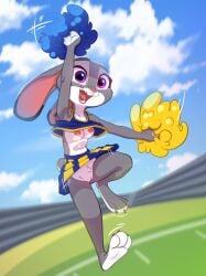 anthro areola biped bottomwear breasts clothed clothing disney female genitals grey_body hi_res judy_hopps lagomorph leporid mammal nipples no_underwear open_mouth outside pupils pussy rabbit siroc skirt solo thick_thighs zootopia