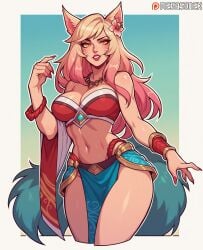 ahri ai_generated animal_ears bangs bare_shoulders blonde_hair border bracelet breasts cleavage cowboy_shot facial_mark female fingernails flower fox_ears fox_girl fox_tail gradient gradient_background hair_flower hair_ornament hand_up jewelry large_breasts league_of_legends league_of_legends:_wild_rift long_hair looking_at_viewer megasonek midriff multicolored_hair nail_polish navel necklace orange_eyes parted_lips patreon_username pink_hair red_lips red_nails riot_games shiny solo tail teeth watermark whisker_markings yellow_eyes