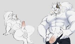 anthro balls biceps clothed clothing erection felid feline genitals half_naked humanoid league_of_legends lion mafekoba male male_only mammal muscular muscular_male nipples pantherine pants_down partially_clothed pecs penis rengar riot_games sitting solo solo_male video_games