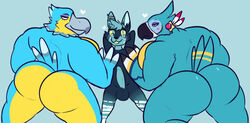 2020 animal_crossing anthro ass avian balls beak bedroom_eyes big_butt blue_background blue_body blue_feathers blue_fur blue_penis blush breath_of_the_wild bubble_butt clawzetto erection feathers fur genitals glitch_(glitch308) group group_sex hand_on_chest hands_behind_head head_tuft heart huge_butt humanoid_genitalia humanoid_penis kass_(tloz) kass_(zelda) keaton_(animal_crossing) male male/male narrowed_eyes nintendo nude pecs penis rito seductive sex simple_background size_difference tail_feathers the_legend_of_zelda thick_thighs threesome tuft video_games wide_hips