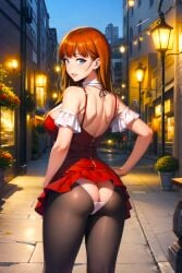 1girls ai_generated anime ass babe bangs brown_hair chainsaw_man city date dress fashion lee_joo_hee looking_back makeup manhwa night pantyhose seductive_look sideboob smiling_at_viewer stable_diffusion stockings thick_thighs toongenai