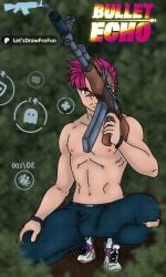 1boy ak-47 bullet_echo bush censored game in_bushes let's_draw_for_fun mobile_game patreon pixiv solo stalker_(bullet_echo) weapon