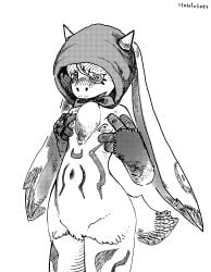 2025 2_horns absurd_res anthro atlyss big_ears blush carbuncle_(atlyss) chest_tuft cross-hatching digital_drawing_(artwork) digital_media_(artwork) ear_markings featureless_crotch femboy floppy_ears halftone haloluli hatching_(art) hi_res hood_only horn leg_markings lop_ears male male_anthro markings monochrome mostly_nude_anthro mostly_nude_male navel nipple_fetish nipple_play portrait scut_tail shaded sharp_horn short_tail simple_background slim_anthro slim_male small_horn snout solo spiral_eyes spread_nipple tail thigh_markings three-quarter_portrait torso_markings touching_own_chest tuft white_background