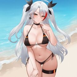 ai_generated azur_lane beach bikini black_bikini large_breasts long_hair navel panties prinz_eugen_(azur_lane) prinz_eugen_(unfading_smile)_(azur_lane) roxor white_hair wide_hips yellow_eyes