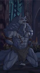 2021 abs anthro arms_tied beard biceps biped black_nose blush bodily_fluids bottomwear bound canid canine canis chest_scar clothing cum detailed_background eyebrows facial_hair fur genital_fluids grey_body grey_fur grey_tail hi_res kevinethno kneeling law_(sdorica_sunset) loincloth loincloth_only male mammal muscular muscular_anthro muscular_male muscular_thighs nipple_piercing nipples pecs piercing pubes ruins scar sdorica signature solo thick_eyebrows white_eyebrows wolf