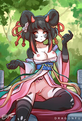 2021 5_fingers anthro areola black_hair breasts clothed clothing day detailed_background digital_media_(artwork) dragonfu eyebrows eyelashes female fingers genitals giant_panda hair mammal momoka nipples outside pussy ursid