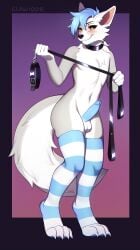 absurd_res anthro ass balls bedroom_eyes belly big_butt blue_clothing blue_hair blue_legwear blue_stripes blue_thigh_highs canid canine cheek_tuft cheeky cheeky_smile clawiope clothed clothing collar facial_tuft femboy fluffy fluffy_tail fox full-length_portrait genitals gradient_background hair half-closed_eyes hi_res humanoid_genitalia humanoid_penis hybrid iamnotasynth leash leash_pull leashed_collar legwear looking_at_viewer male mammal narrowed_eyes naughty_face naughty_smile navel neck_tuft partially_clothed pattern_clothing pattern_legwear pattern_stockings penile penis pinup playful portrait pose seductive simple_background smile smiley_face smiling_at_viewer solo standing stockings striped_clothing striped_legwear striped_stockings stripes tail thick_thighs thigh_highs toeless_legwear toeless_stockings tuft wide_hips yellow_eyes