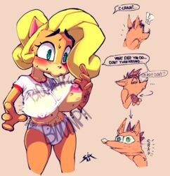 ... 4_fingers ?! activision alternate_version_at_source anthro areola areola_slip bandicoot big_breasts black_eyebrows black_nose black_pupils blonde_hair blush bodily_fluids breasts brother brother_and_sister brown_hair clothing coco_bandicoot crash_(series) crash_bandicoot dialogue duo ears_up english_text eyebrow_through_hair eyebrows eyelashes female fingerless_gloves fingers fur glistening glistening_nose gloves green_eyes hair half-closed_eyes handwear humor lips looking_at_another looking_back low_poly male mammal marsupial motion_blur motion_lines narrowed_eyes neck_snap nervous nipple_outline nipple_slip nipples onomatopoeia orange_body orange_fur panties pink_areola pink_inner_ear pink_nipples ponytail pupils self_broken_neck shirt sibling simple_background sister sixsidesofmyhead sound_effects speech_bubble standing surprise surprised_expression sweat sweatdrop tan_body tan_skin text thick_thighs topwear translucent translucent_hair under_boob underwear video_games wardrobe_malfunction white_clothing white_panties white_shirt white_topwear