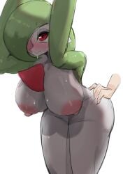 1girls ass ass_grab breasts female female_focus gardevoir green_hair hair_over_one_eye large_breasts leaning_forward menyang my700 nintendo pokemon red_eyes sirnight white_background