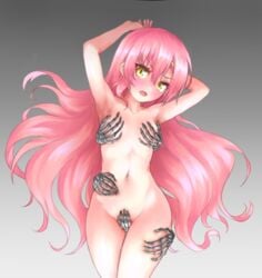 artoise blush breasts commentary covering covering_breasts covering_crotch english_commentary female female hairband hayate_no_gotoku! highres katsura_hinagiku long_hair looking_at_viewer navel nude open_mouth pink_hair simple_background skeleton small_breasts solo yellow_eyes