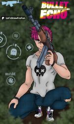 1boy ak-47 bullet_echo bush censored game in_bushes let's_draw_for_fun mobile_game patreon pixiv solo stalker_(bullet_echo) weapon