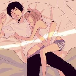 adorable boyfriend-girlfriend couple couple_(romantic) cuddling cute hugging laying_on_bed romantic sleeping_together