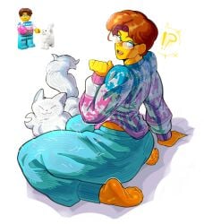 ass big_thighs blue_eyes brown_hair feet glasses jumper lego pretty_boy sitting_on_floor sitting_on_legs surprised verski7 yellow_skin